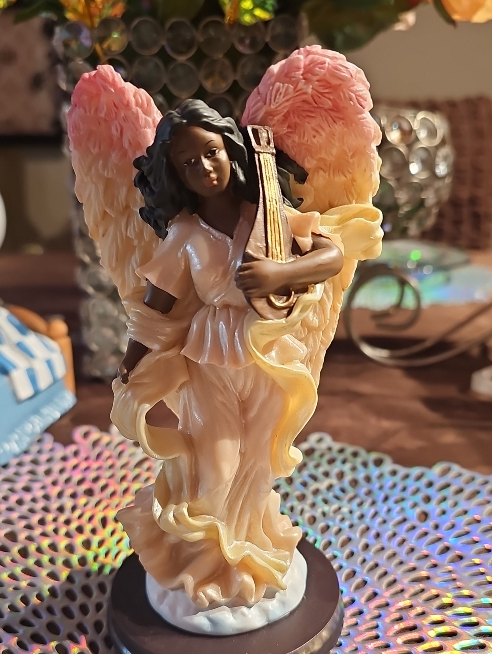 Angel Figurine with Pink Gradient Wings and Gold Harp